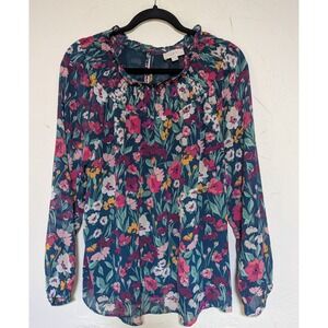 Loft Women's Blouse M Teal/Multi Floral‎ Sheer Outer with Teal Shell